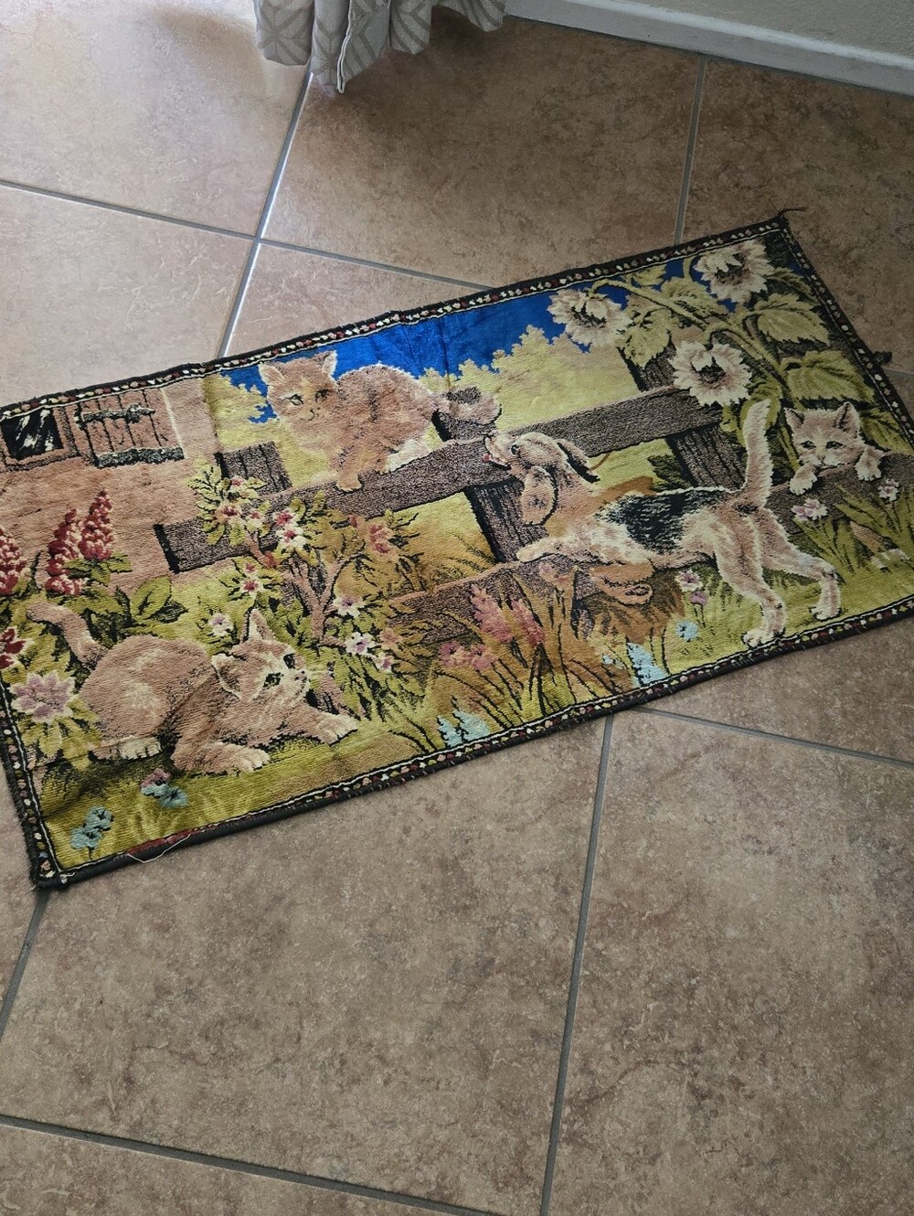 Dog And Cat Vintage Tapestry Rug with Playful Kittens